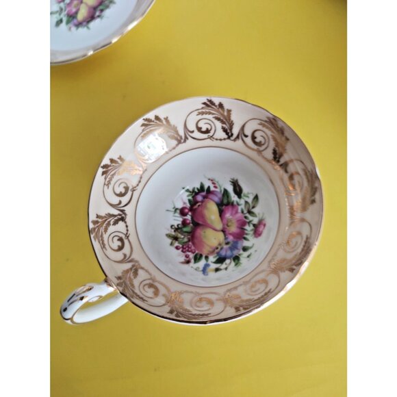 Foley Wide Mouth Teacup and Saucer, Fruit & Floral Bouquet, Gold Accents England - Picture 7 of 10
